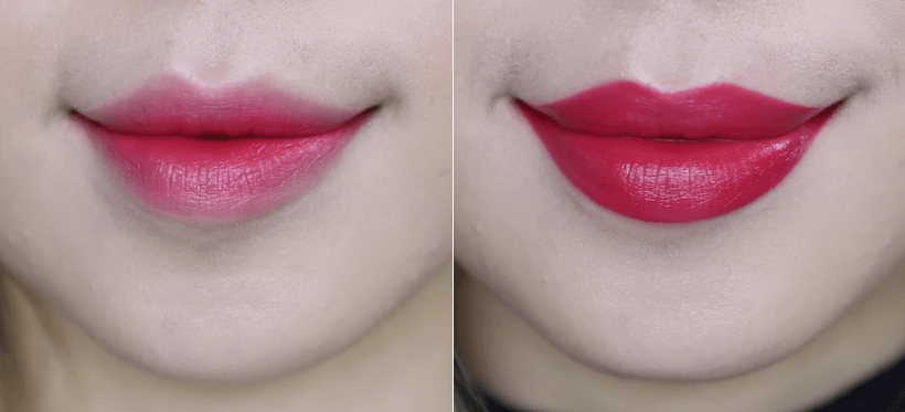 Son Chanel Kem Lì 150 hồng đỏ (Ảnh trái: đánh lòng môi, ảnh phải: tô kín cả môi) Son Chanel Kem Lì 150 LUXURIANT